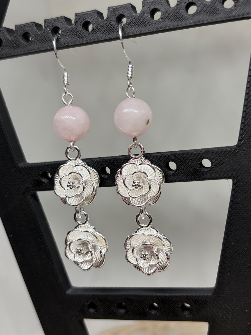 Handmade Rose Quartz & Sterling Silver Floral Earrings | Romantic Dangles